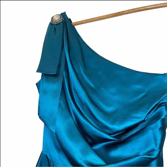 BADGLEY MISCHKA dress silk formal one shoulder SC0096 Grecian mini teal green 2 - Picture 4 of 13